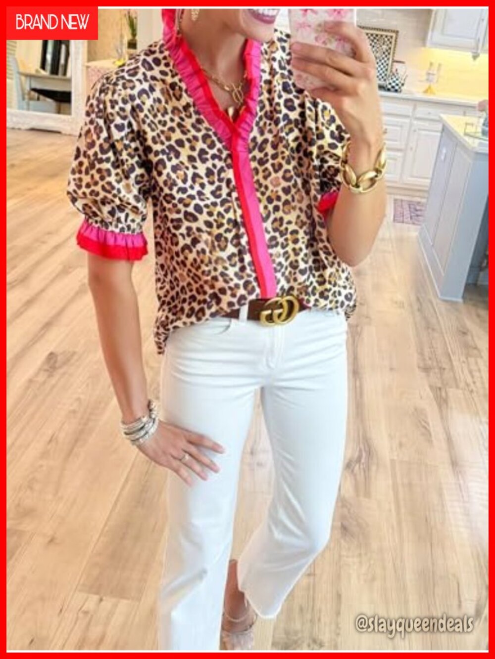Ruffle Trim Floral Blouse with Short Puff Sleeves V-Neck Button Down Lightweight - Picture 5 of 6